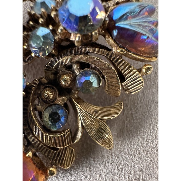 Vtg Florenza Gilt Maltese Cross Blue Borealis Brooch & Earrings Set Signed - Picture 6 of 16